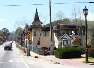 A street with many buildings on the side of it