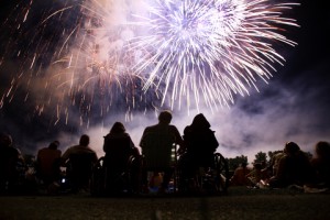 A group of people sitting in the grass watching fireworks.